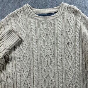 Tommy Hilfiger Sweater Mens Large Beige Cable Knit Crew Neck Wool Blend Logo
